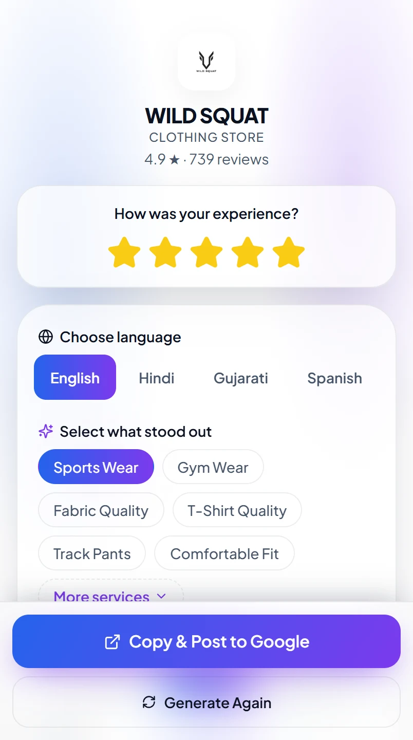 Raveably branded review page on a phone showing a star rating, language options, experience tags, and a Copy and Post to Google button